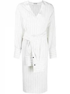 ( Positively Conscious ) 12 STOREEZ WHITE Robe-chemise Rayée à Taille Nouée Femme