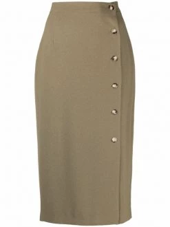 12 STOREEZ OLIVE Jupe Mi-longue à Boutonnière Sur Le Côté Femme