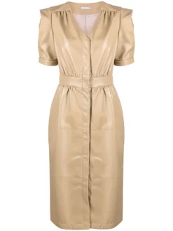12 STOREEZ Beige Olive Robe-chemise Froncé à Effet Texturé Femme