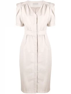 12 STOREEZ Robe Mi-longue Froncée à Manches Courtes Femme