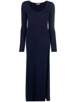 12 STOREEZ Dark Blue Robe Nervurée à Fente Femme
