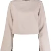 12 STOREEZ GREY BEIGE Blouse Crop à Manches évasées Femme