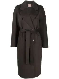 12 STOREEZ DARK KHAKI Manteau Croisé à Taille Ceinturée Femme