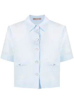 12 STOREEZ Chemise Crop à Boutonnière Devant BLUE