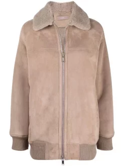 12 STOREEZ Veste Bomber En Peau Retournée LIGHT COFFEE